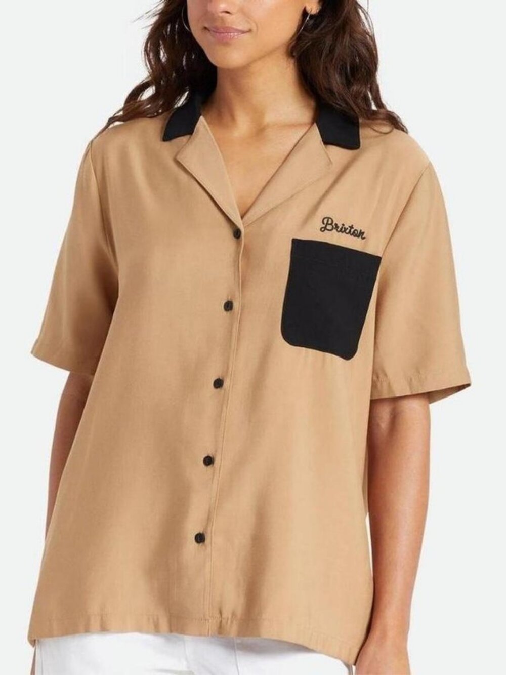 Brixton tan black Bunker Block bowling shirt